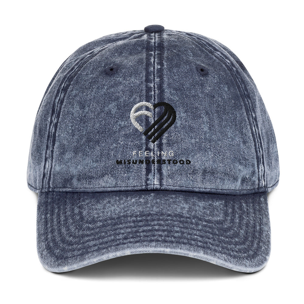 Embroidered Black & White Heart Vintage Cotton Twill Cap